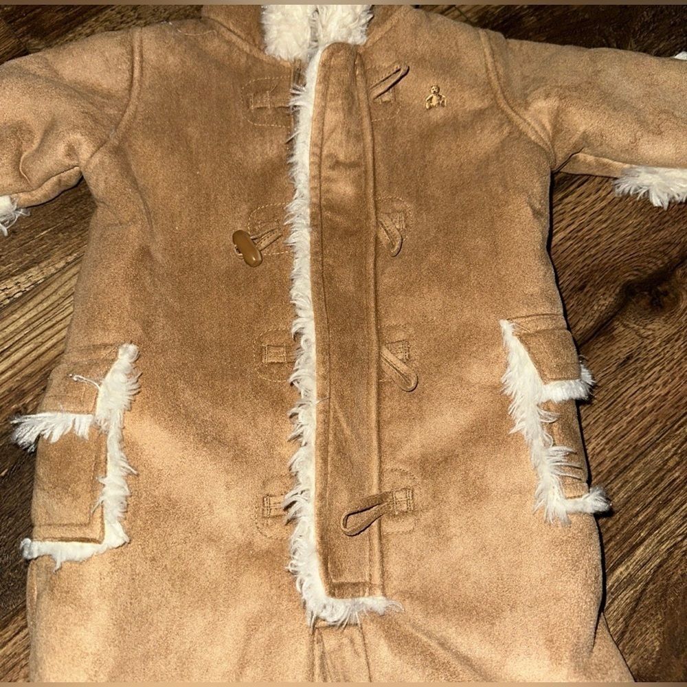 Gap Tan Faux Suede Sherpa Shearling Infant Snow Suit Bunting Newborn 0-3 - Picture 2 of 8